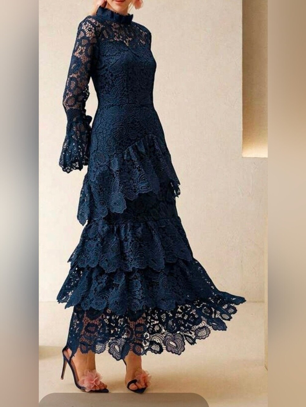 New Luxe Embroidered Sheer Floral Tiered Ruffle Maxi Dress Navy Blue - Picture 4 of 9